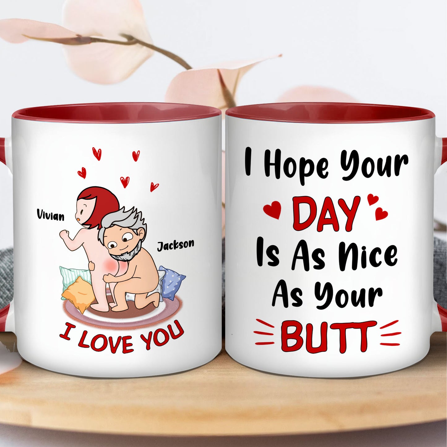 Personalized couples mug featuring playful design with names Vivian and Jackson for romantic gifts