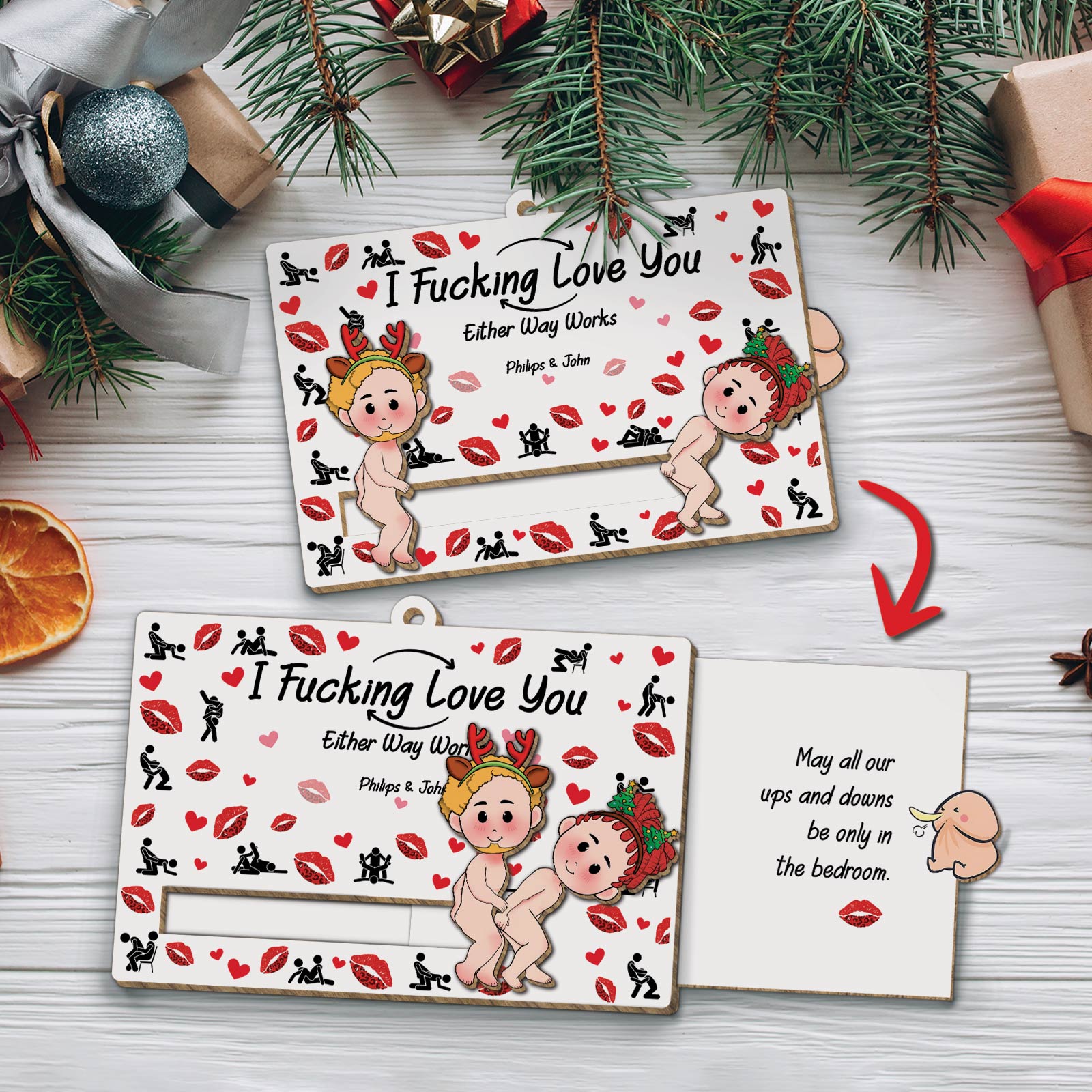 365Gifty personalized couples ornament featuring playful reindeer characters with romantic message and customizable names