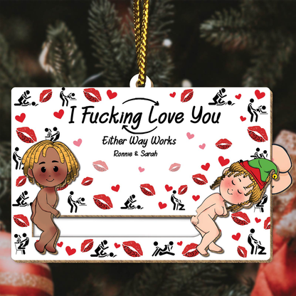 365Gifty personalized couples ornament with playful characters and romantic message I Fucking Love You