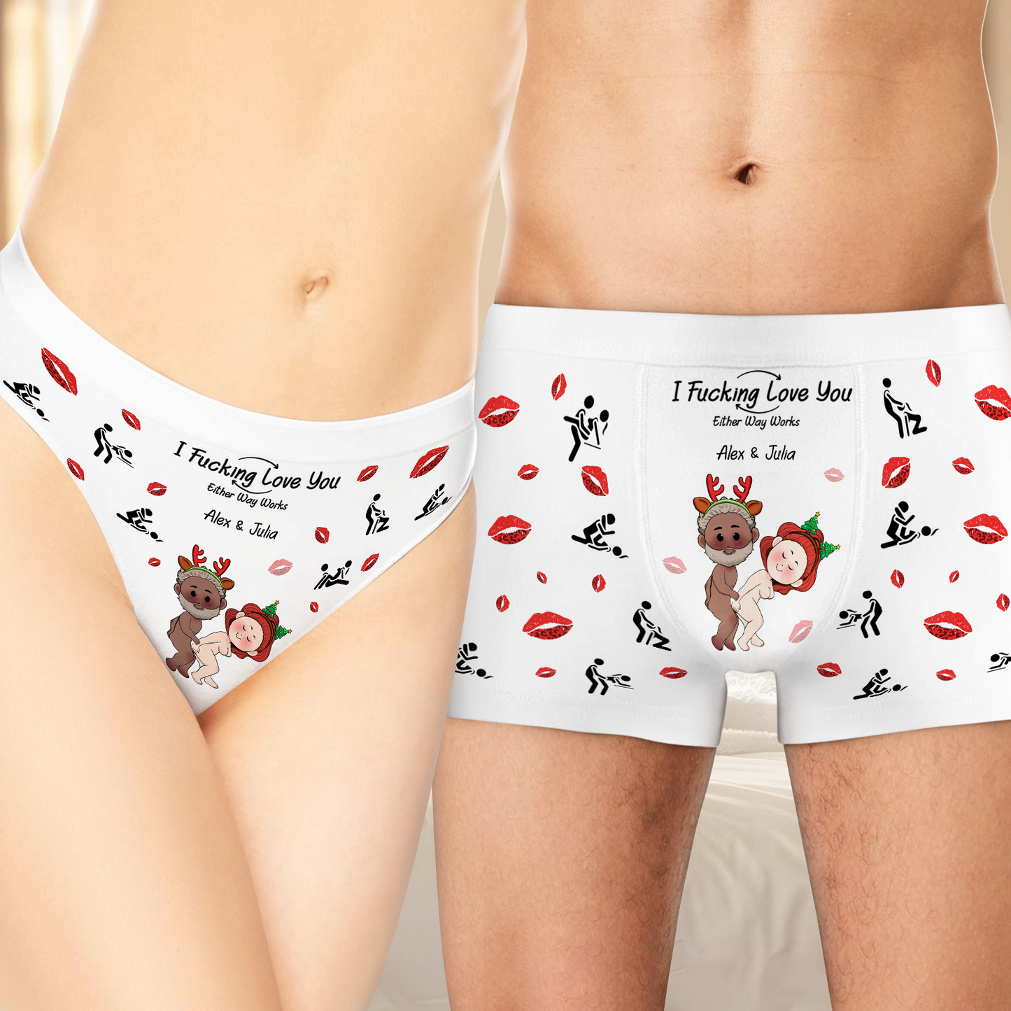 Personalized couples underwear featuring cartoon characters and custom names for a fun relationship gift