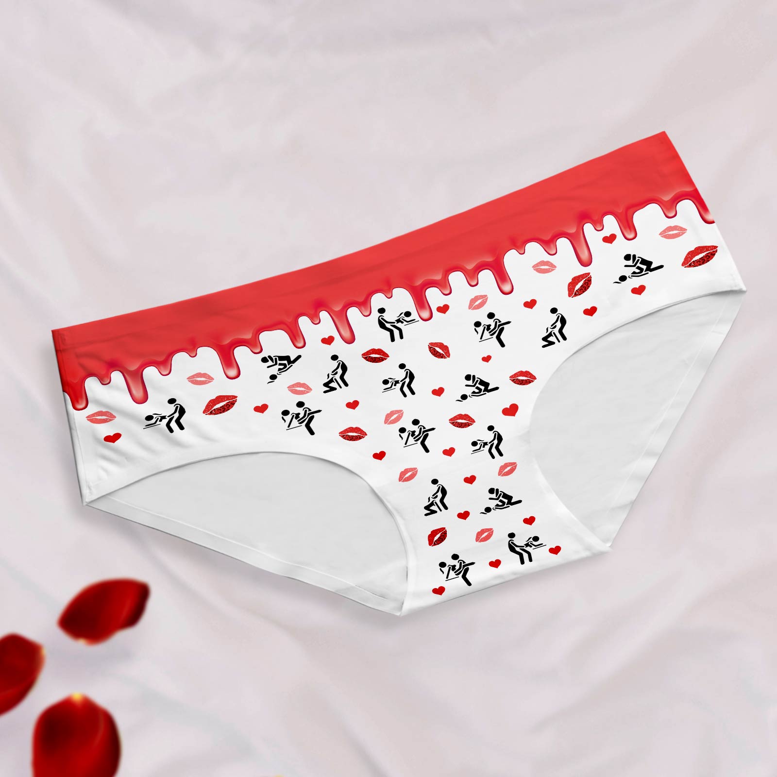 Personalized couples underwear with red dripping design and playful patterns of hearts and lips