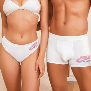 Personalized couples underwear set featuring matching white briefs with fun sayings for unique gifts