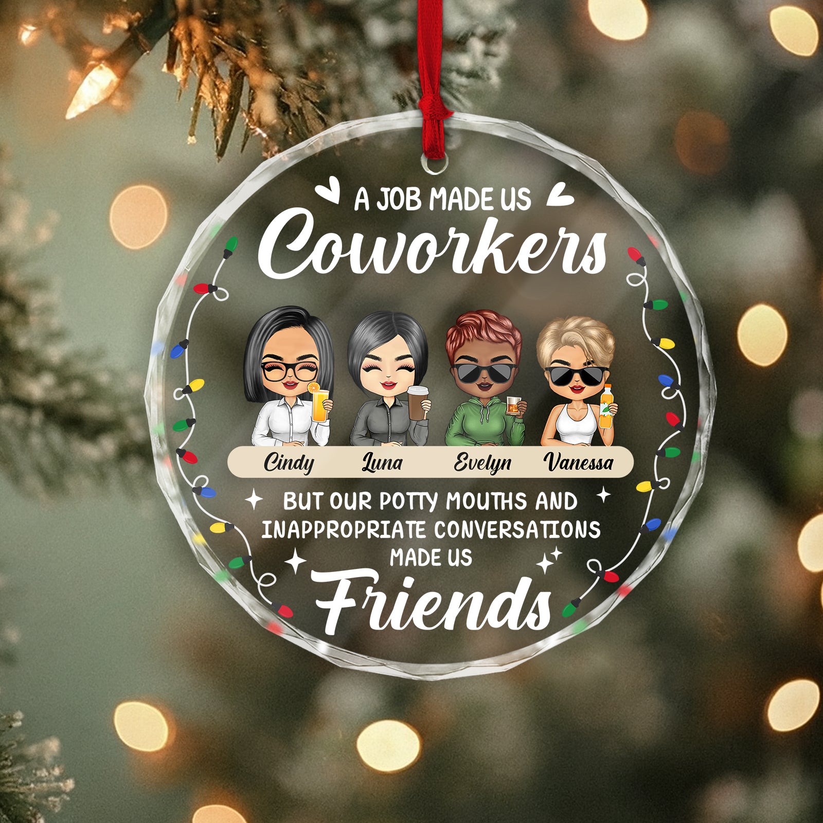 Personalized coworker Christmas ornament featuring cartoon friends with a funny quote about workplace camaraderie