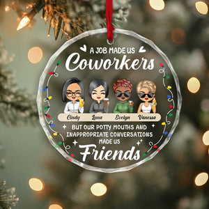 Personalized coworker Christmas ornament featuring cartoon friends with a funny quote about workplace camaraderie