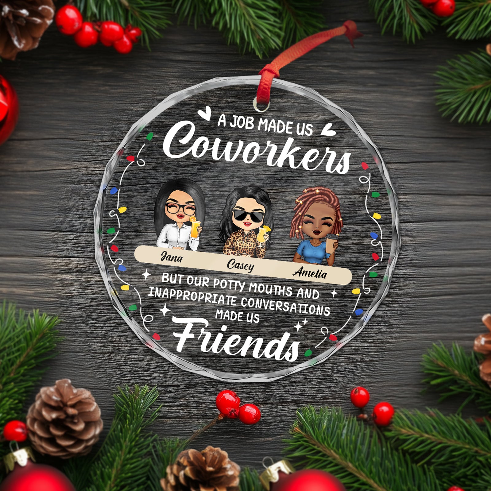 Personalized coworker Christmas ornament featuring three characters with a festive design and humorous text