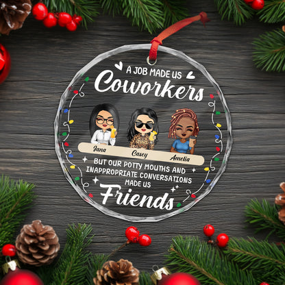 Personalized coworker Christmas ornament featuring three characters with a festive design and humorous text