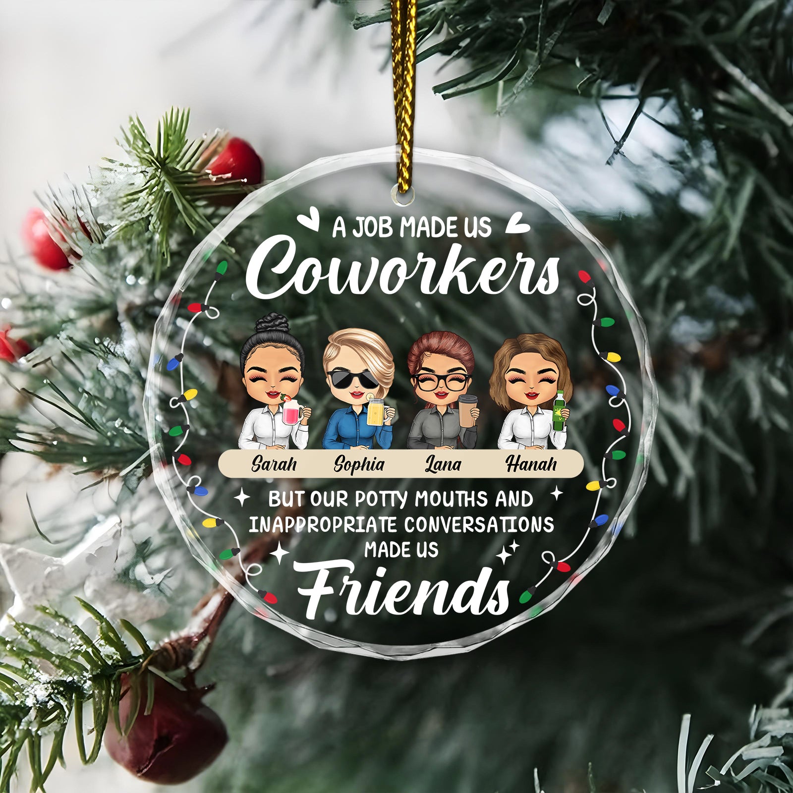 Personalized coworker Christmas ornament in a wood design featuring angel wings and the text I'll meet you at the Rainbow Bridge