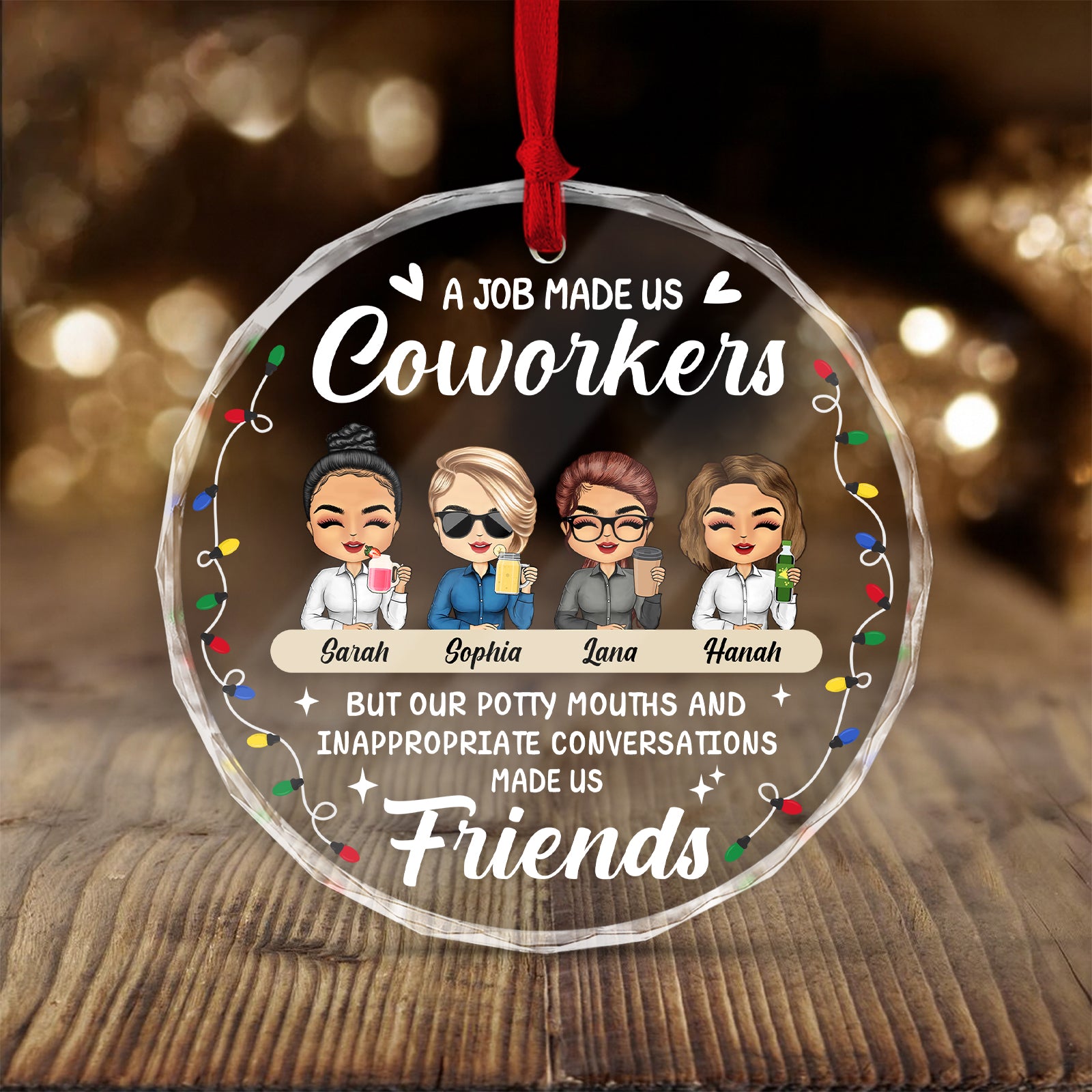 Personalized coworker Christmas ornament featuring cartoon figures and a humorous message about friendship