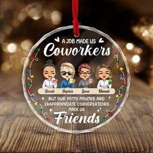 Personalized coworker Christmas ornament featuring cartoon figures and a humorous message about friendship