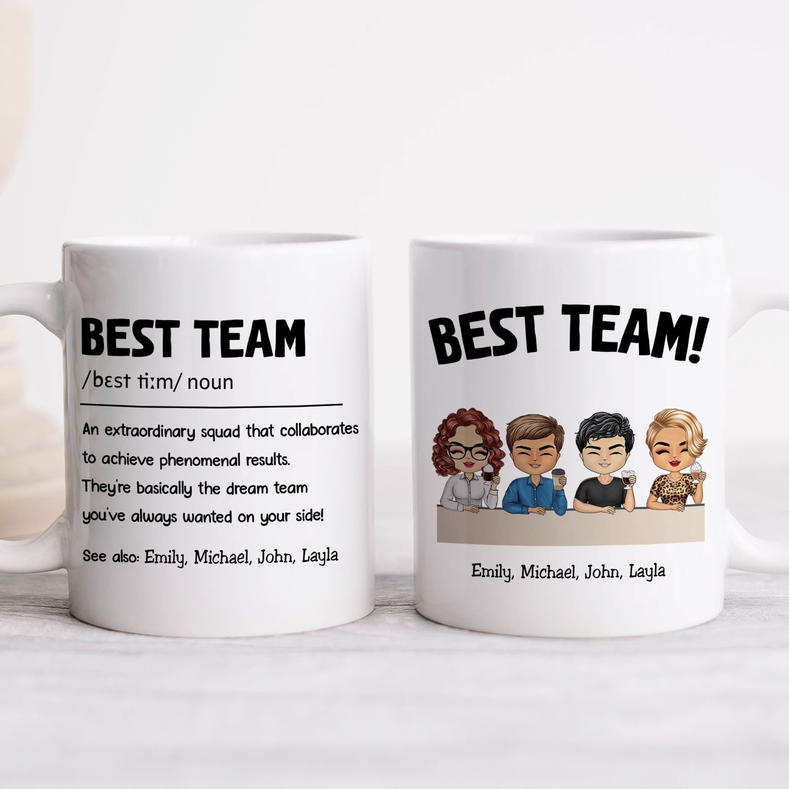 Personalized coworker gift mug featuring cartoon characters and motivational text for team camaraderie