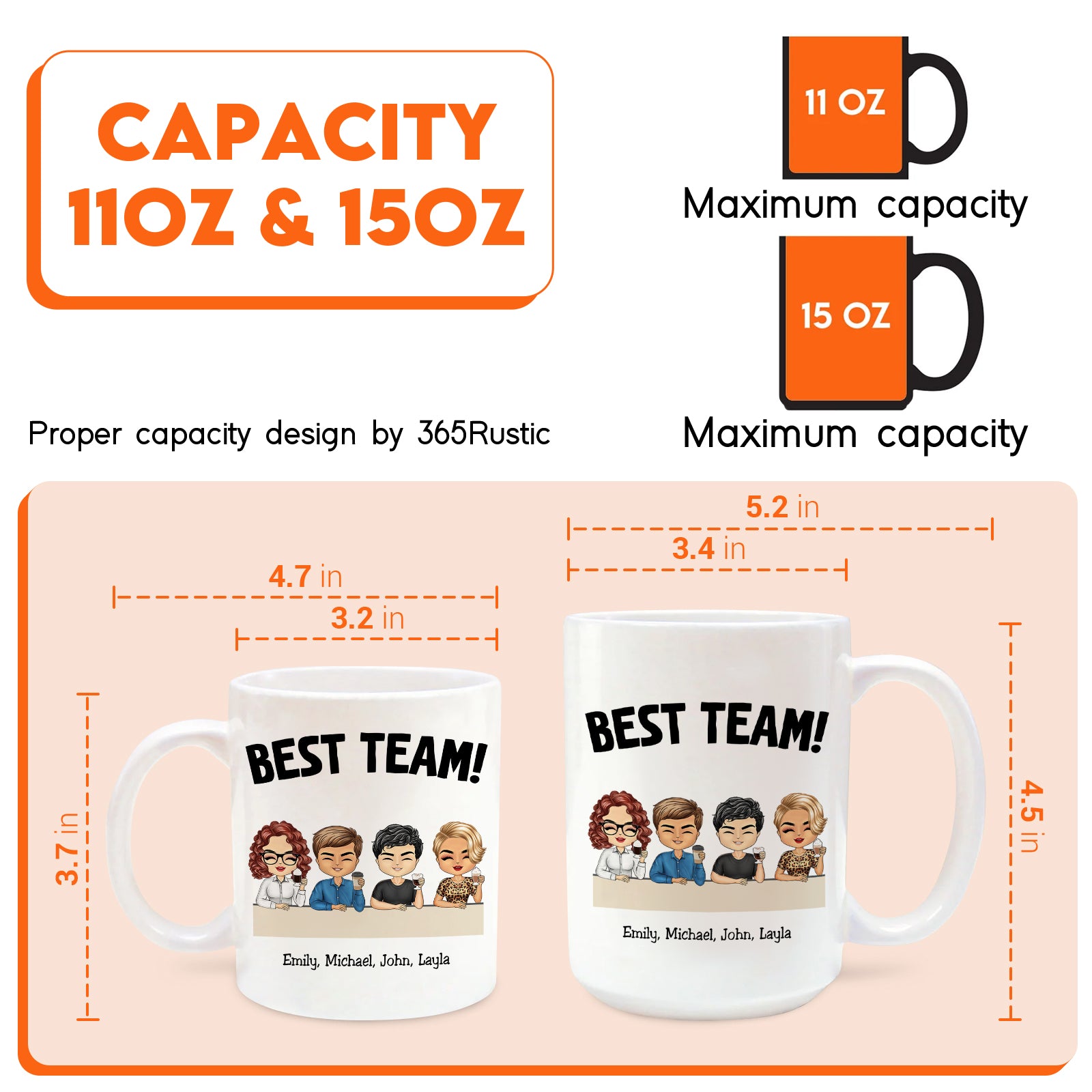 Personalized coworker gift mug featuring a 'Best Team' design with customizable character illustrations