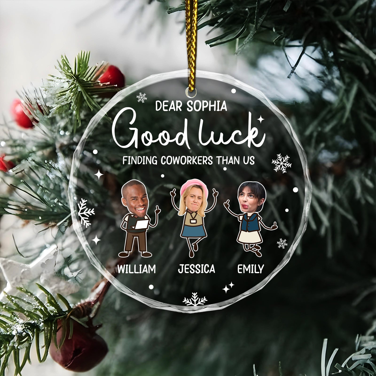 Personalized coworker ornament featuring three cartoon figures and a Good Luck message for a special farewell