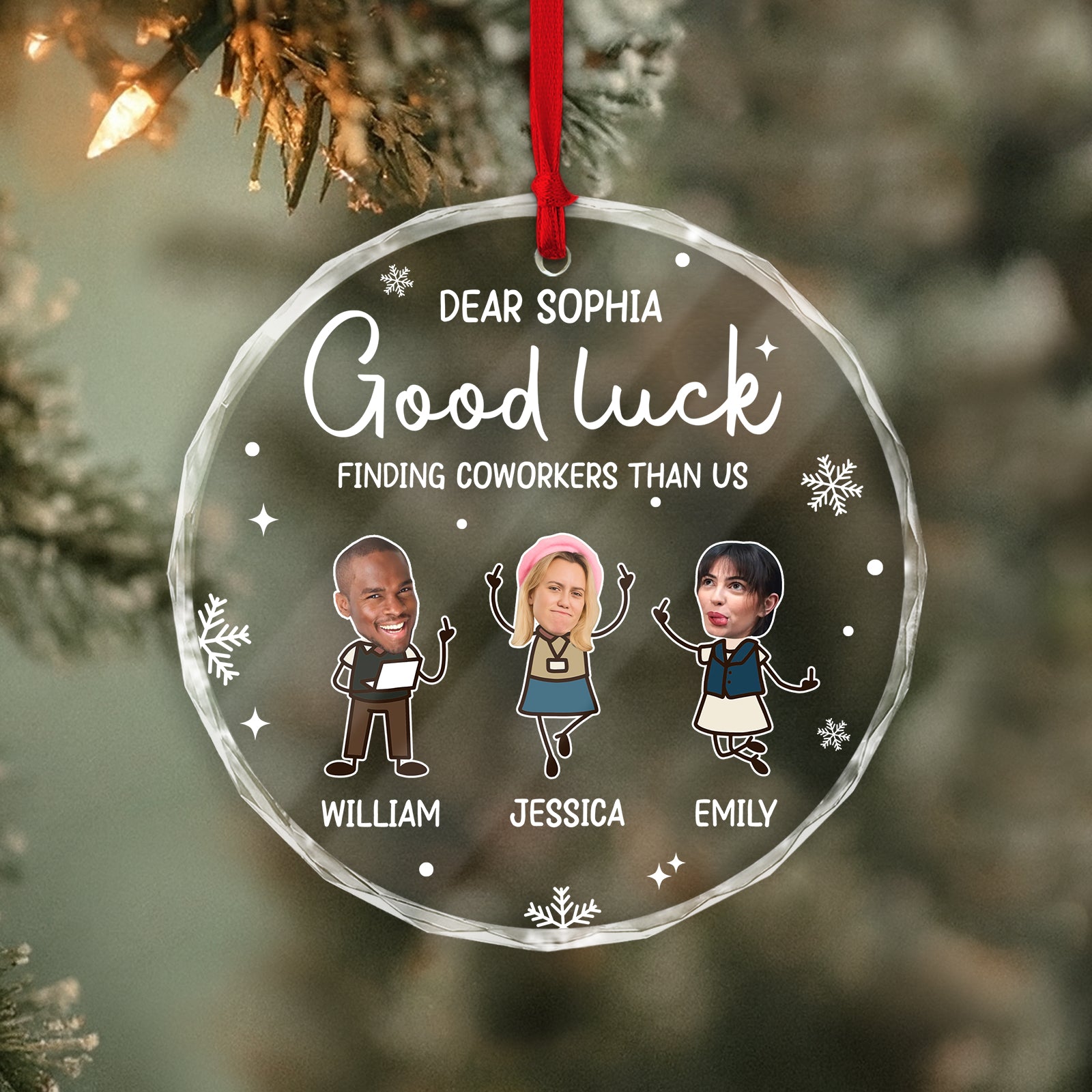 Personalized coworker ornament featuring customizable characters and Good Luck message for special occasions