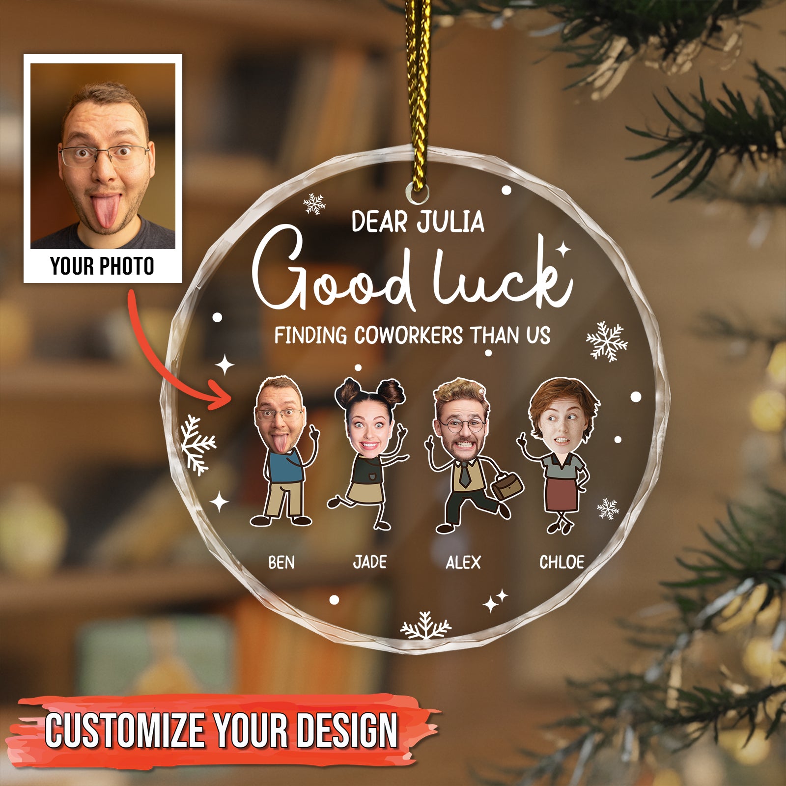 Personalized coworker ornament featuring custom names and humorous design for office friendships