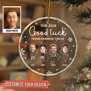 Personalized coworker ornament featuring custom names and humorous design for office friendships