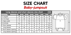 Size chart for baby jumpsuit with measurements in centimeters including length, chest, neck width, armhole, and sleeve openings
