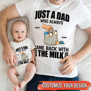 Personalized dad and baby matching shirts with milk bag design and custom names from 365Gifty