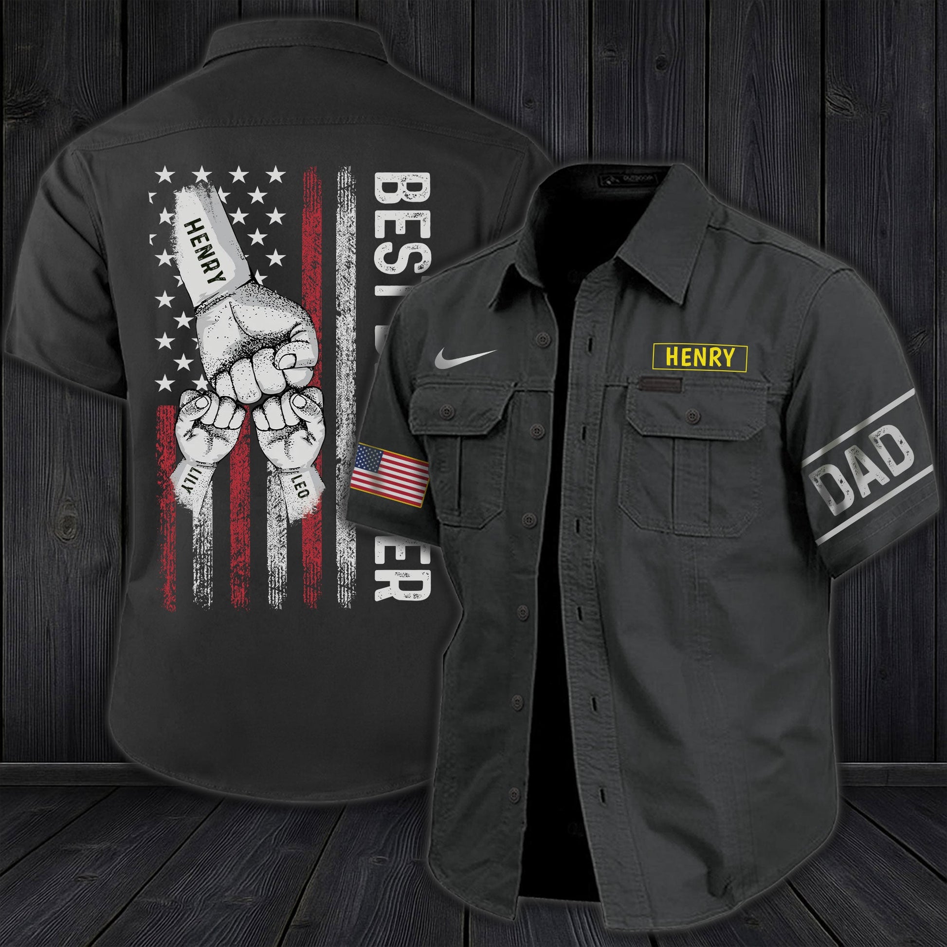 Personalized dad cargo shirt in dark gray with name patch and American flag design for fathers