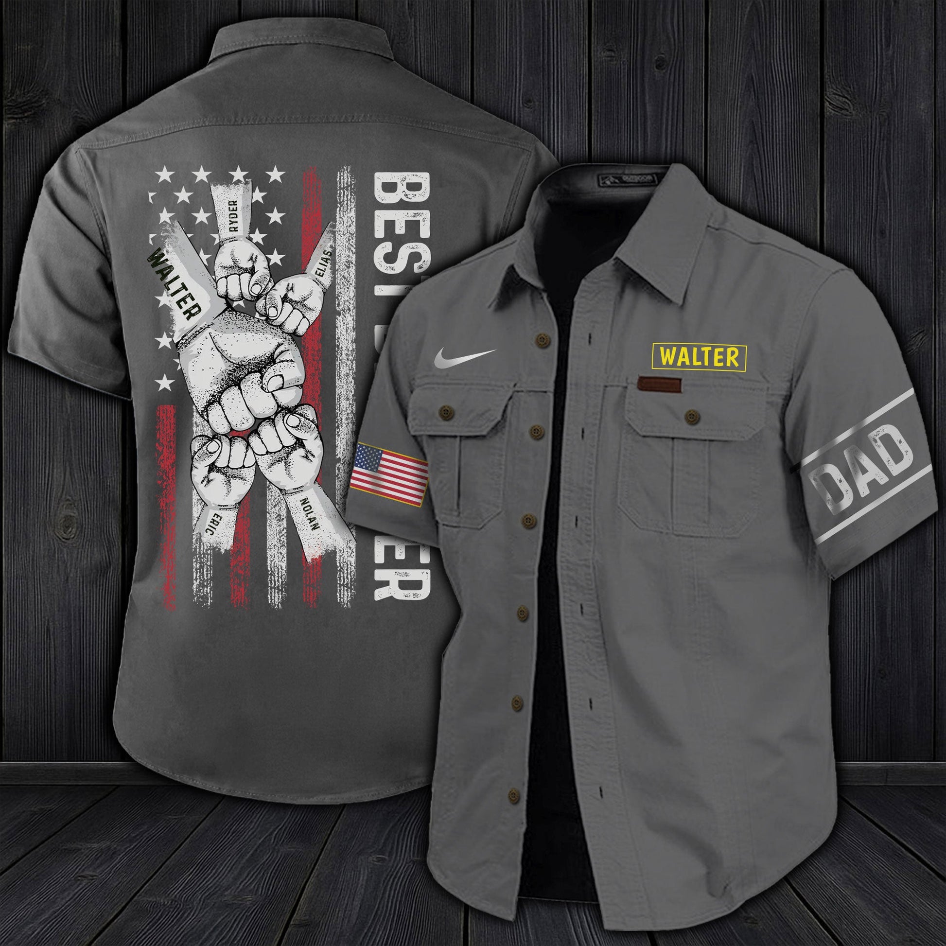 Gray personalized dad cargo shirt with American flag, Dad patch on sleeve, and custom name Walter on chest