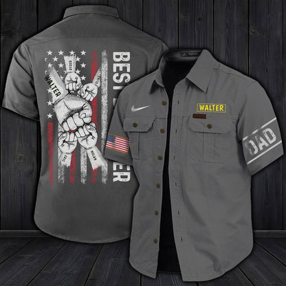 Gray personalized dad cargo shirt with American flag, Dad patch on sleeve, and custom name Walter on chest