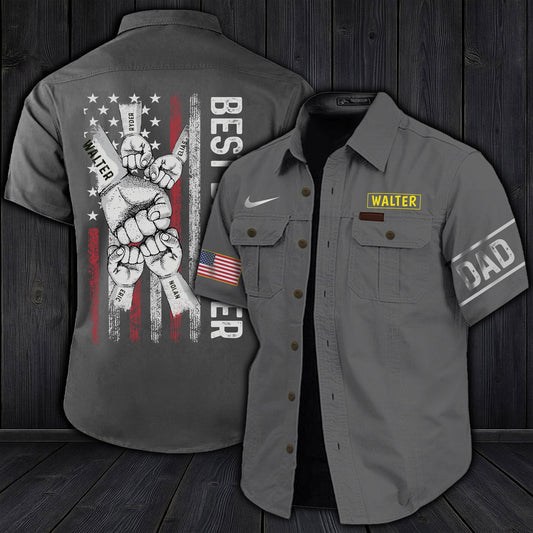 Gray personalized dad cargo shirt with American flag, Dad patch on sleeve, and custom name Walter on chest