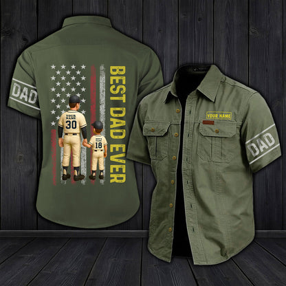 Personalized dad cargo shirt in olive green with custom name and baseball player design on back