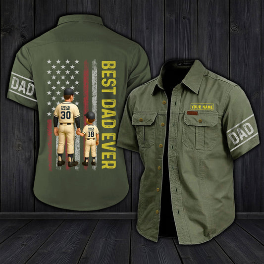 Personalized dad cargo shirt in olive green with custom name and baseball player design on back