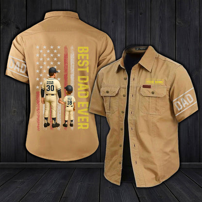 Personalized dad cargo shirt in tan with custom name and best dad ever design on back