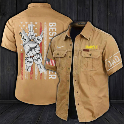 365Gifty personalized dad cargo shirt in tan with name patch, American flag patch, and unique back design