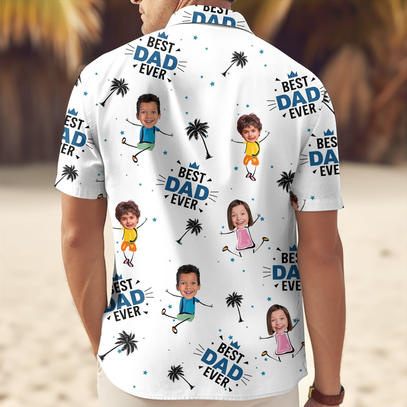 White personalized dad hawaiian shirt with cartoon kids and best dad ever text print on beach background