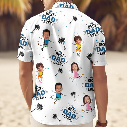 White personalized dad hawaiian shirt with cartoon kids and best dad ever text print on beach background