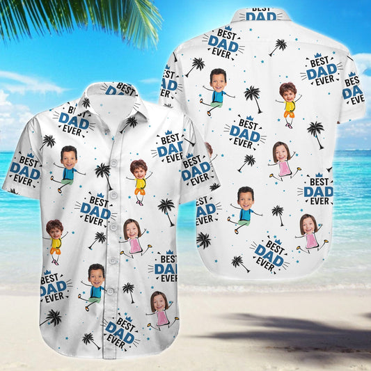 White personalized dad hawaiian shirt with cartoon kids faces and best dad ever text on beach background