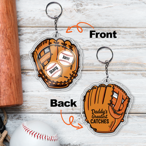 Personalized dad keychain gift shaped like a baseball glove with names and text for unique gifts