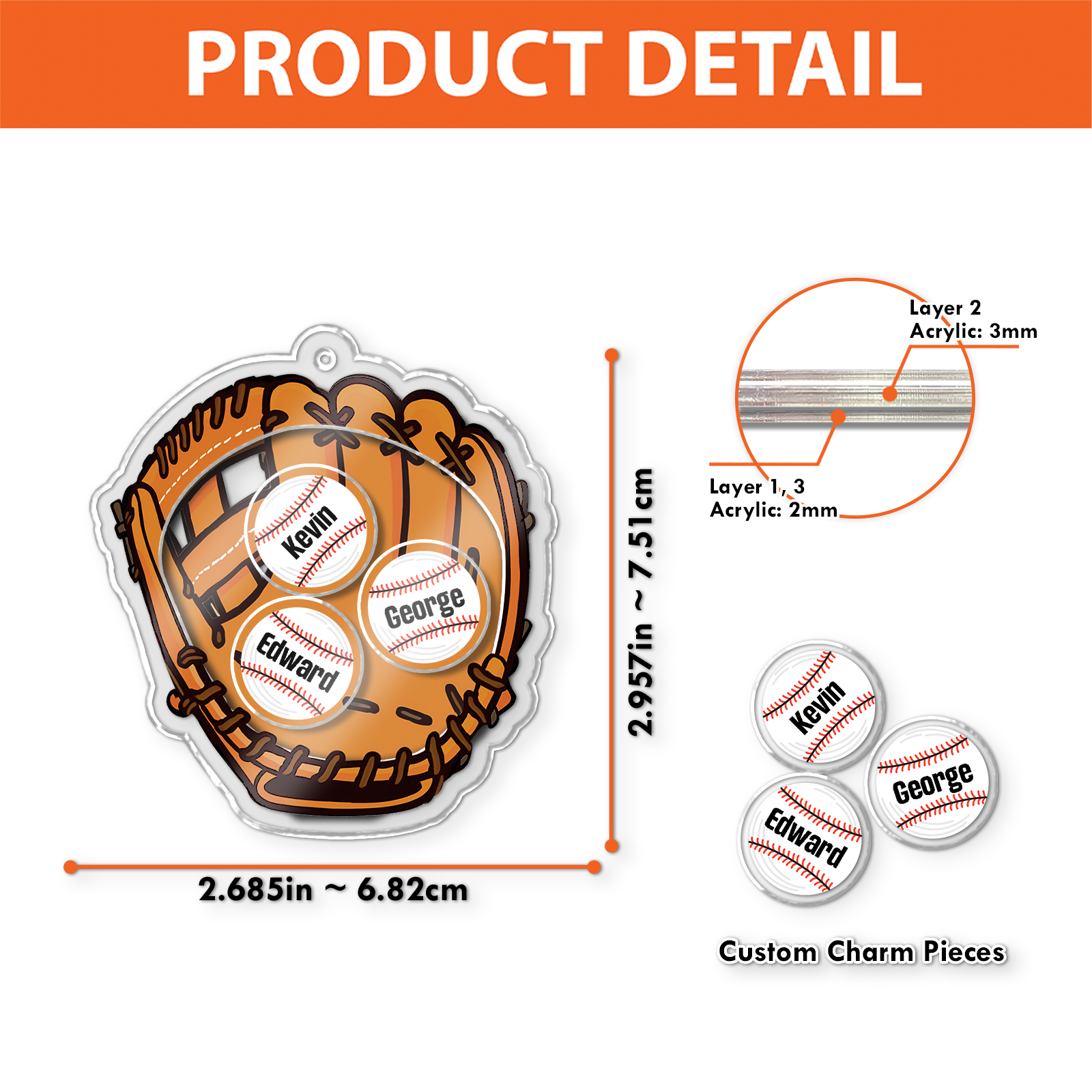 Personalized dad keychain gift featuring a baseball glove design with custom name charms