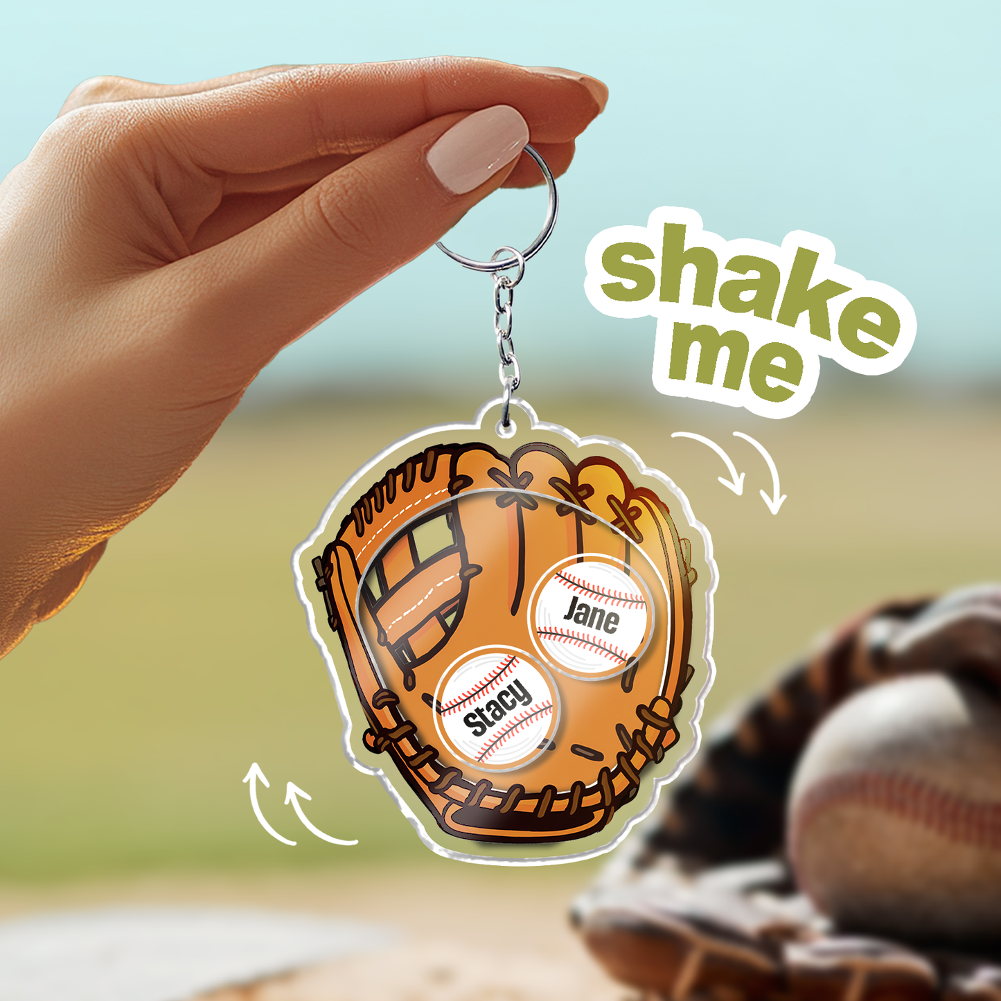 Personalized dad keychain gift in the shape of a baseball glove with names showcased for baseball lovers