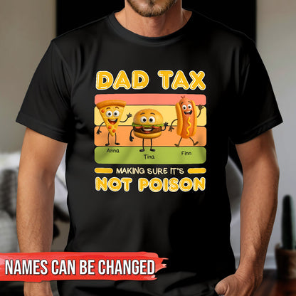 Black personalized dad tax t-shirt with cartoon pizza burger and hotdog characters and customizable names
