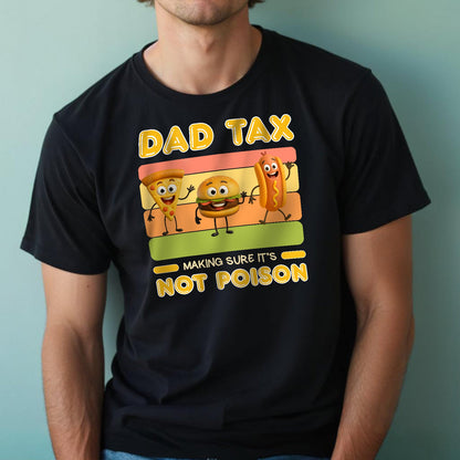 Black personalized dad tax t-shirt with cartoon pizza, burger, and hot dog graphic and funny text