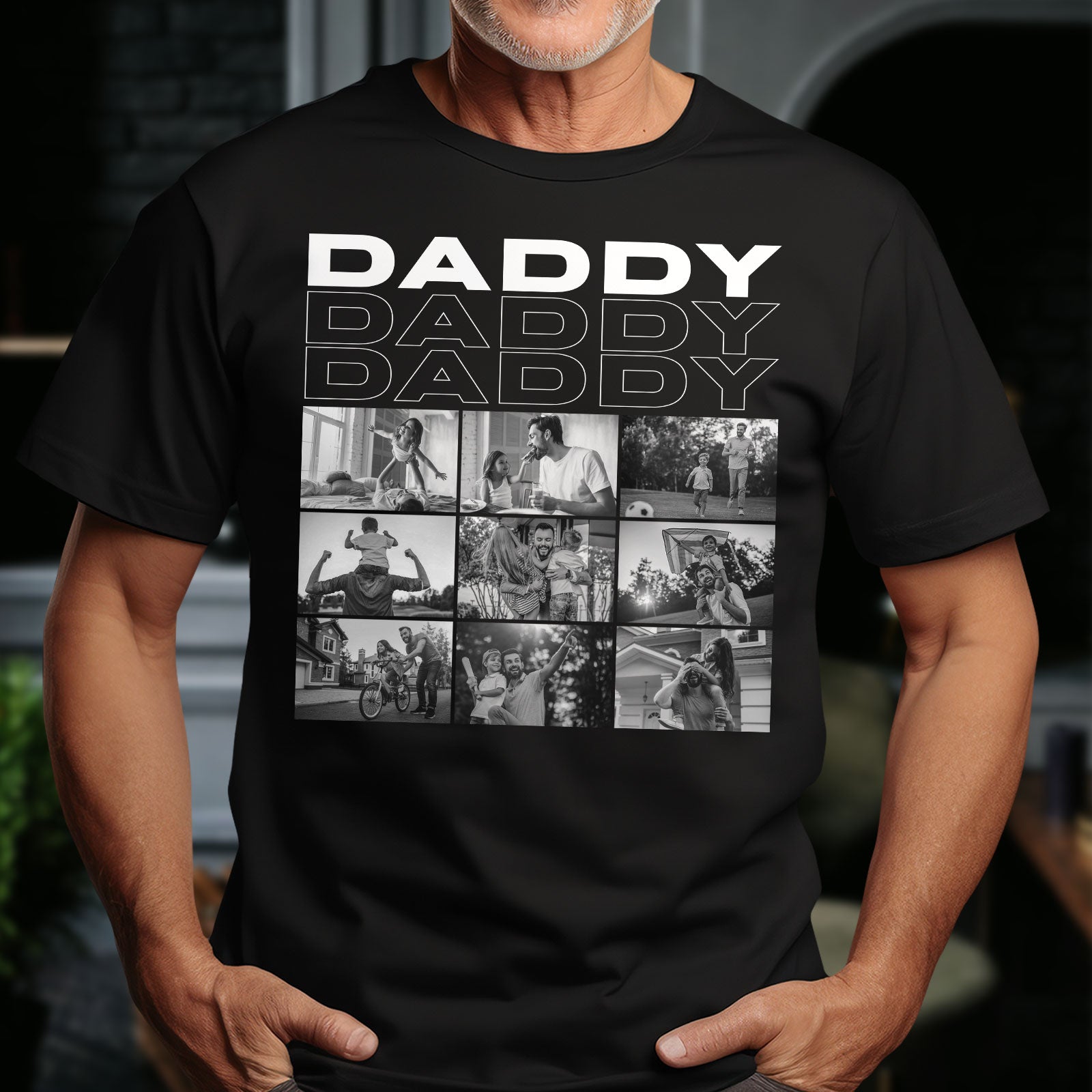 Black personalized daddy shirt with DADDY text and black and white family photo collage