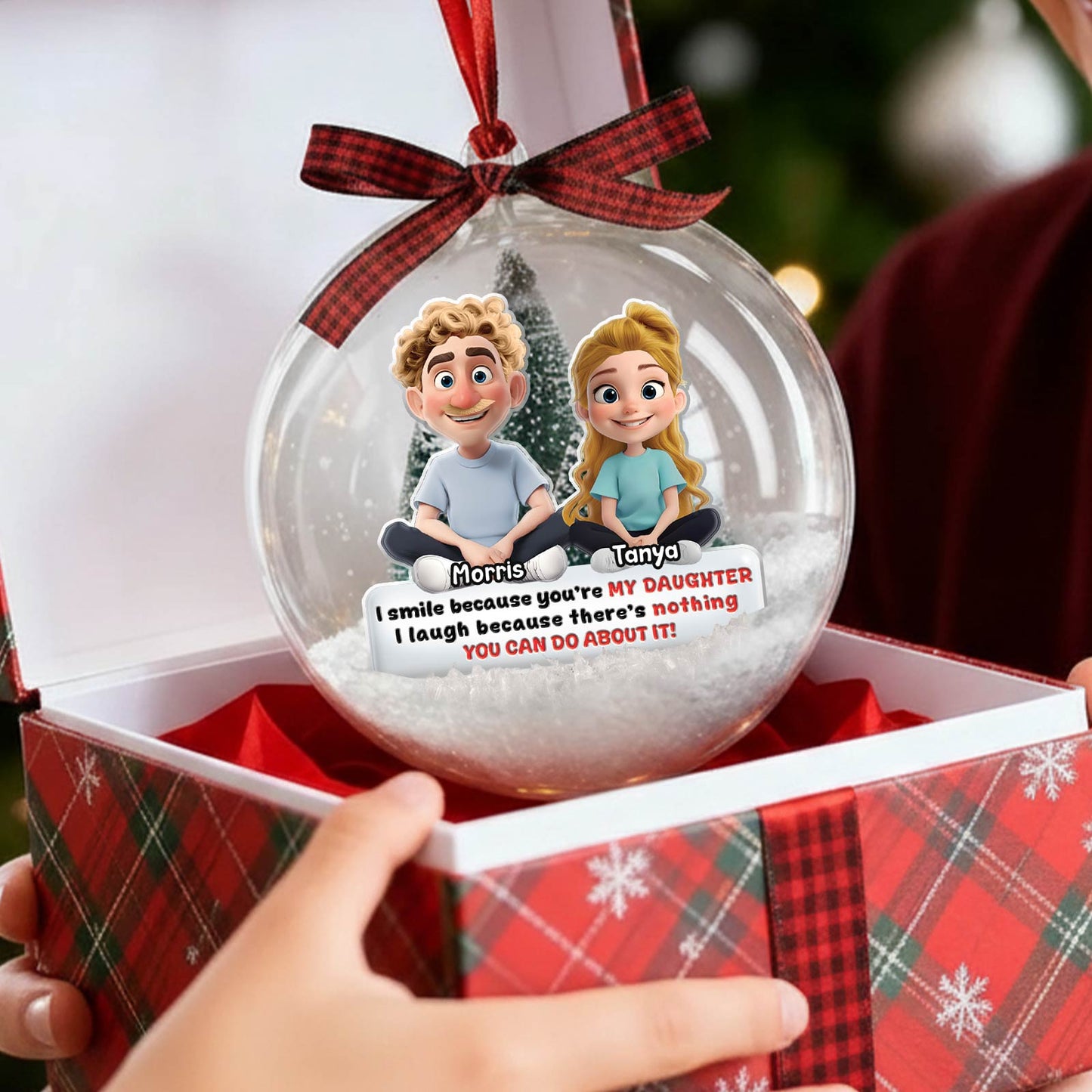 Personalized daughter Christmas ornament in a gift box featuring animated characters and a heartfelt message