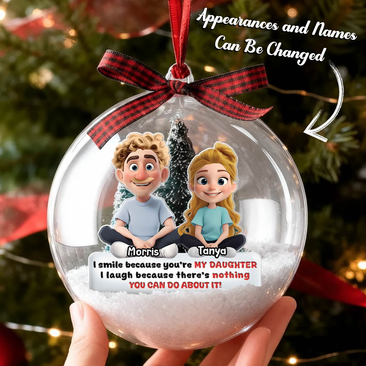 Personalized daughter Christmas ornament featuring custom characters and a heartfelt message for families