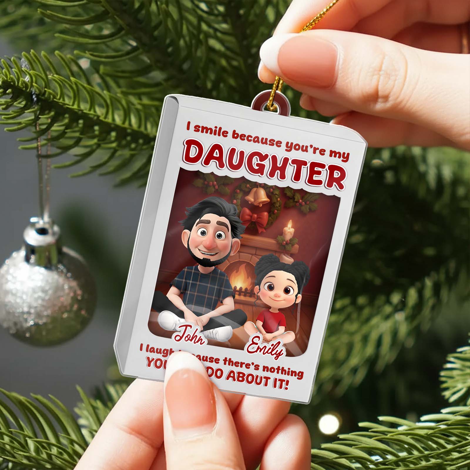 Personalized daughter ornament showcasing a family portrait with heartfelt message and festive design