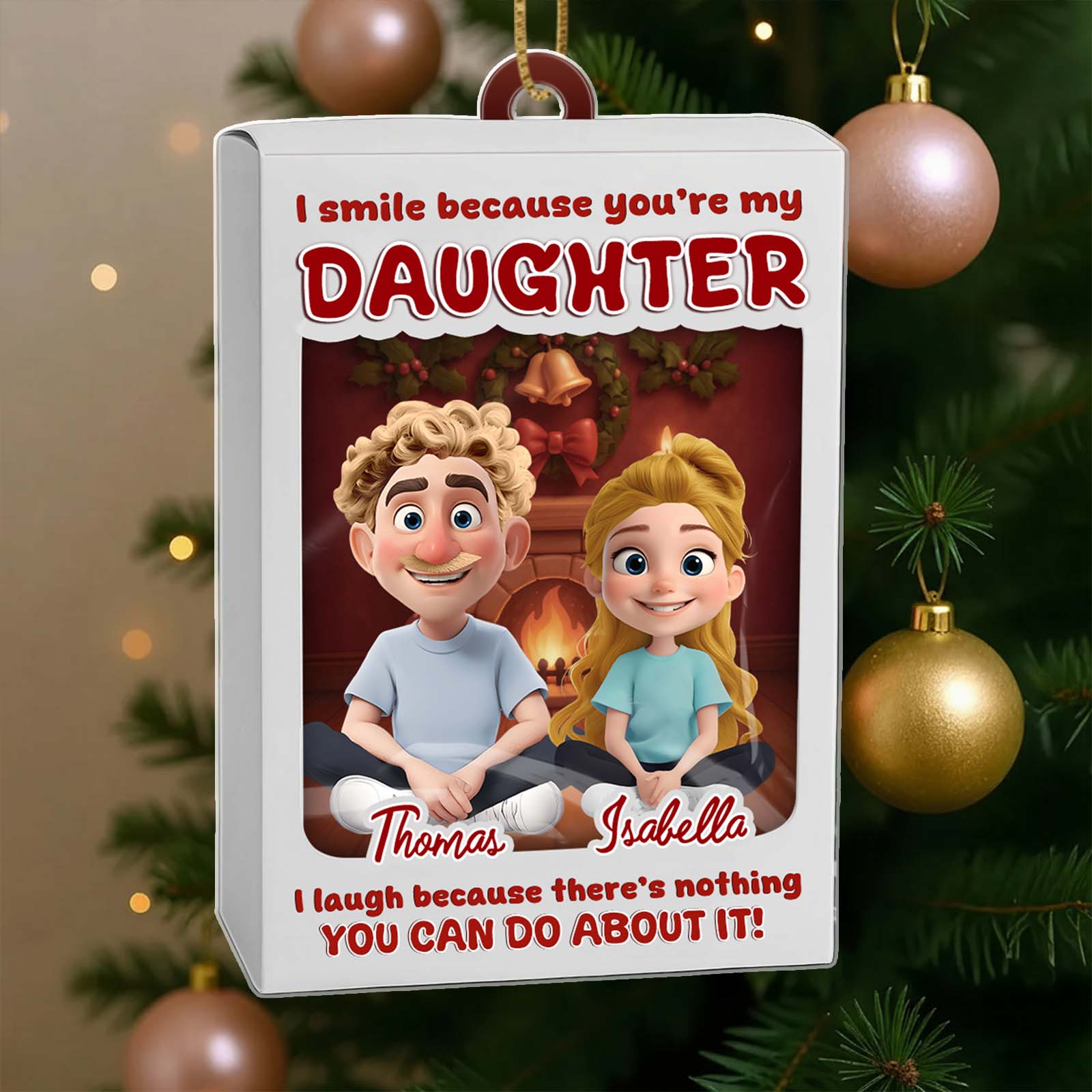 Personalized daughter ornament featuring animated characters with a festive background and playful text