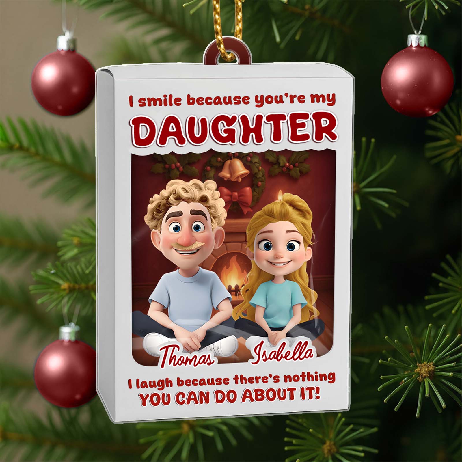 Personalized daughter ornament featuring a cartoon design with custom names and a festive background