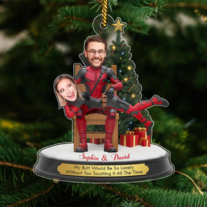 Personalized Deadpool Christmas ornament featuring custom names and a humorous message for holiday decor