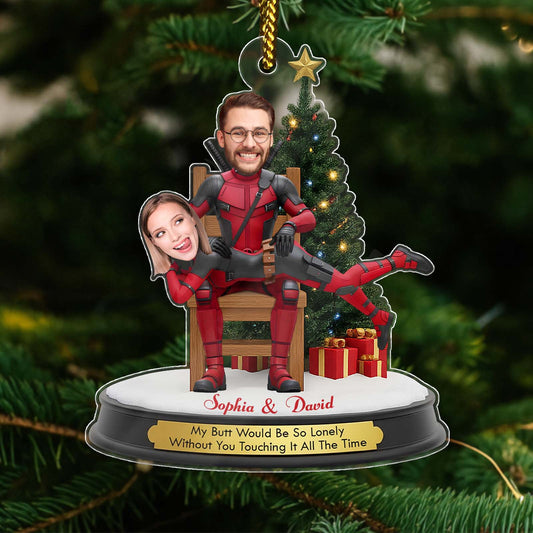 Personalized Deadpool Christmas ornament featuring custom names and a humorous message for holiday decor