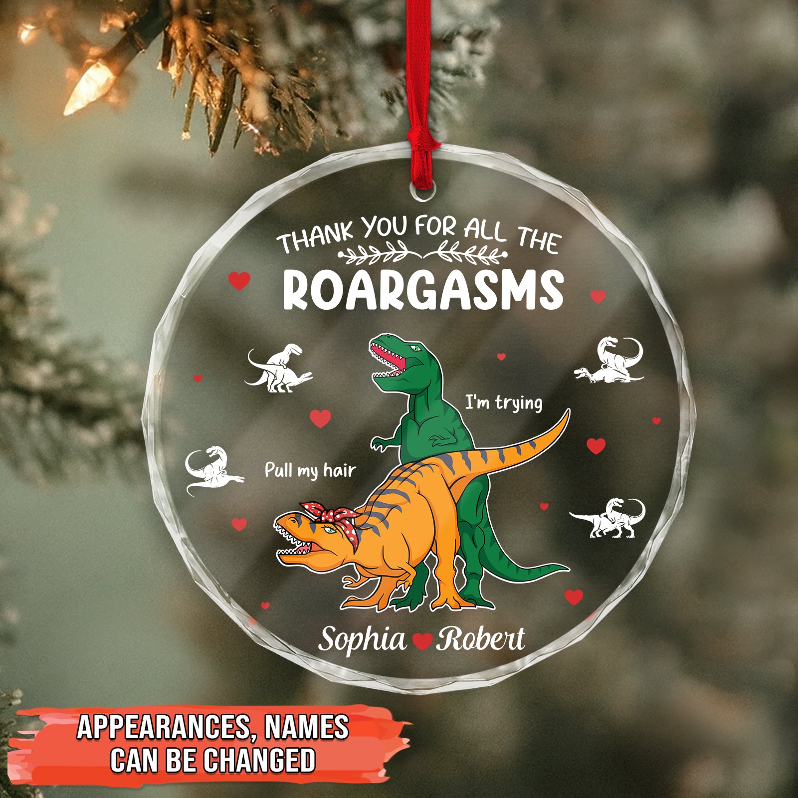 Personalized dinosaur glass ornament featuring quirky coworkers with customizable names and friendship theme