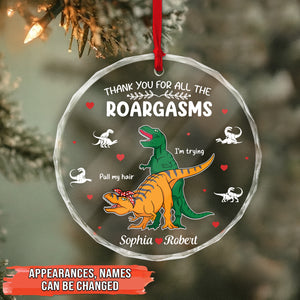 Personalized dinosaur glass ornament featuring quirky coworkers with customizable names and friendship theme