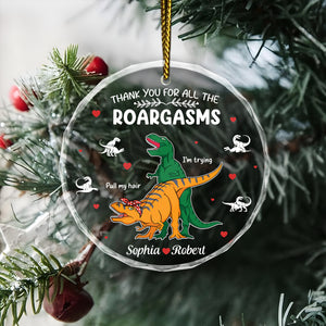 Personalized dinosaur glass ornament designed with a heartfelt message and decorative details