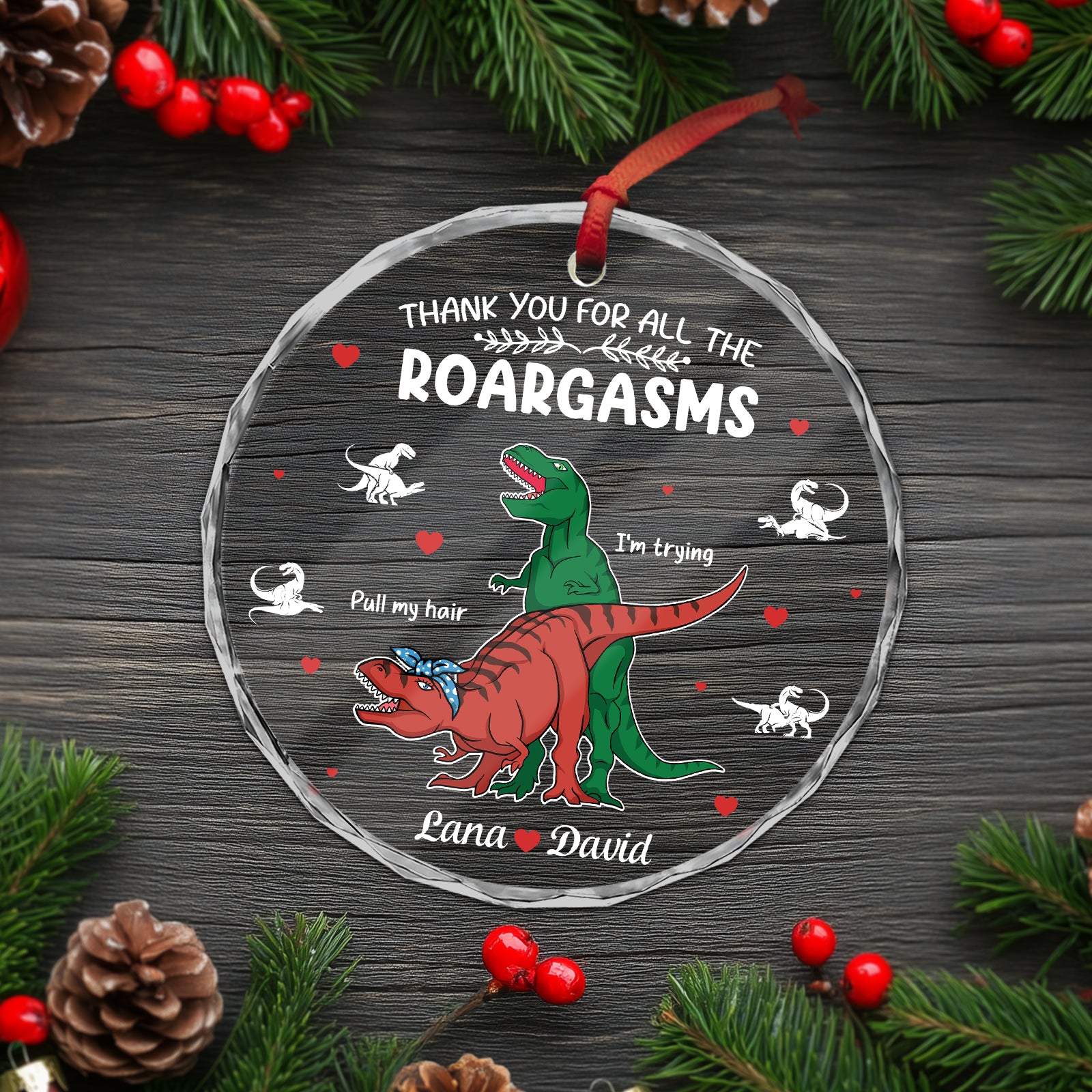 Personalized dinosaur glass ornament featuring a colorful and playful design for festive decor