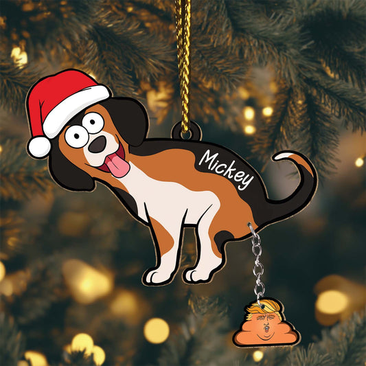 Personalized dog Christmas ornament featuring a cartoon dog with a Santa hat and name Mickey